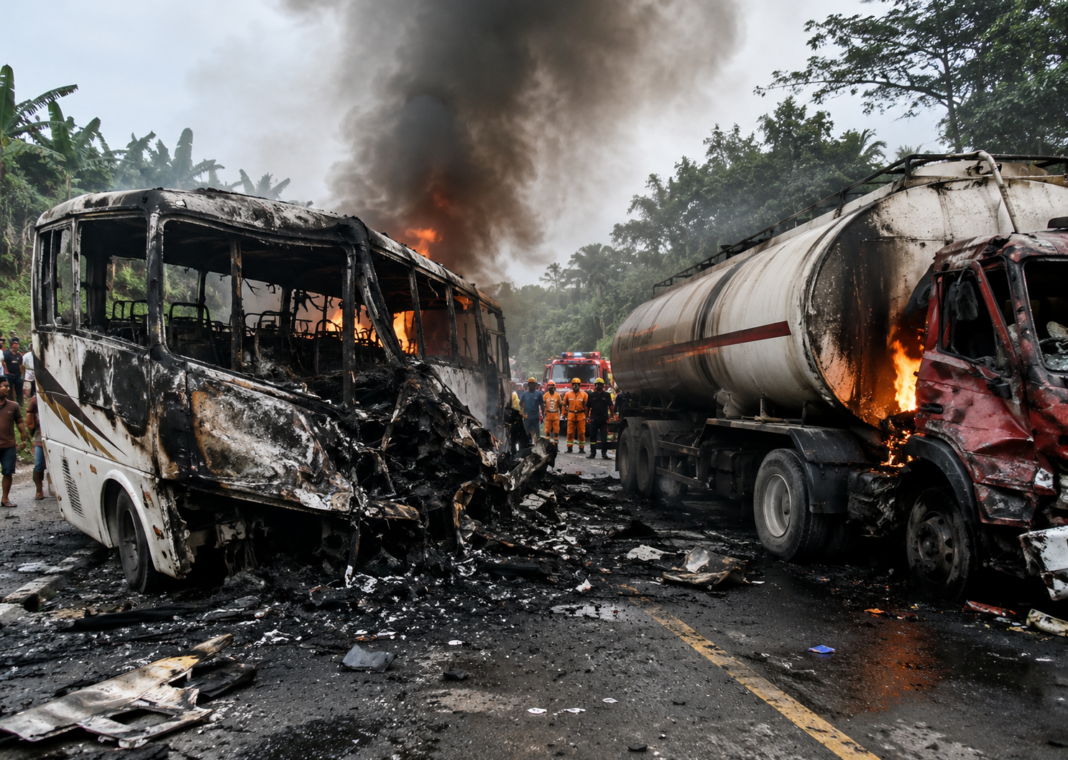 “Fiery Collision in Sumatra: Bus–Tanker Crash Leaves 16 Dead in Devastating Tragedy” Devastating Tragedy
